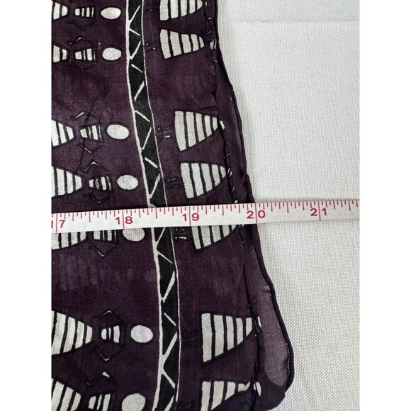 Womens Purple Silk Rectangle Blouse Wooden Doll Print Black White Geo Head Scarf - Picture 13 of 13